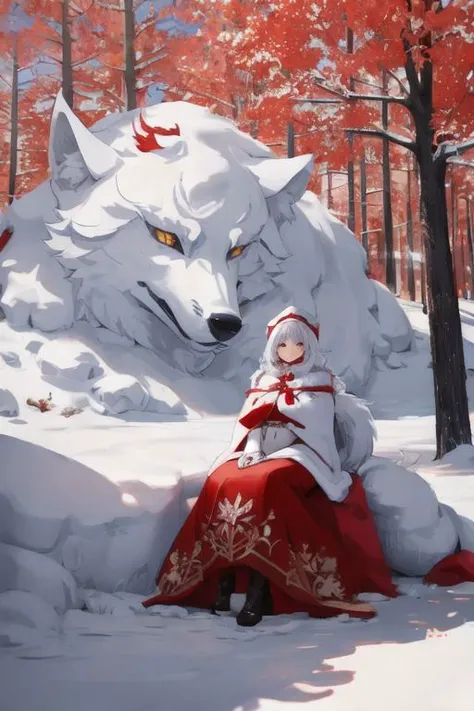 1girl, beautiful woman, she is sitting Igloo house, wolf, red tree covered snow, red winter cloth