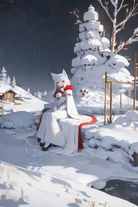 1girl, beautiful woman, she is sitting Igloo house, gold 9-tail fox red tree covered snow, red winter cloth