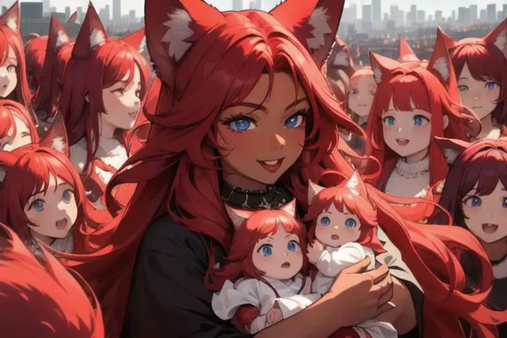 (masterpiece, best quality:1.5), (ultra realistic:1.5), (8k uhd, very high quality:1.5), (extremely detailed face:1.5), (everyone has ruby red wolf ears and ruby red hair:1.5), (dark skin mother holding many infants and surrounded by an endless number of h...