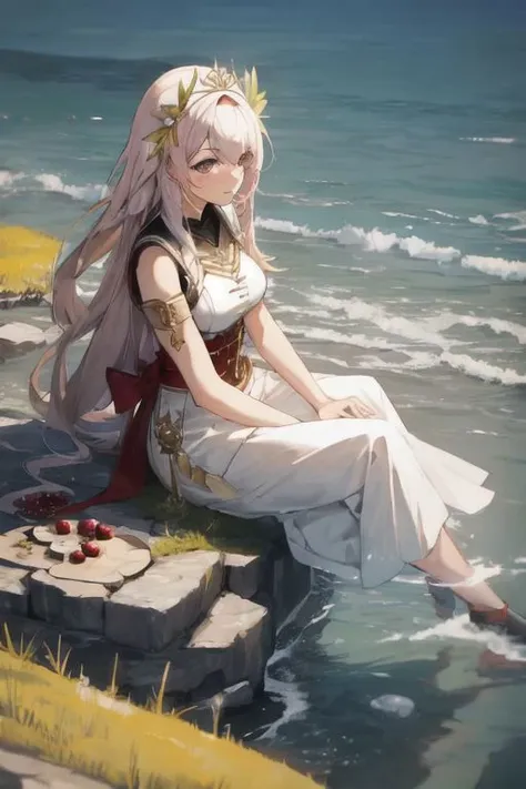 anime girl sitting on a rock by the ocean with a flower in her hair