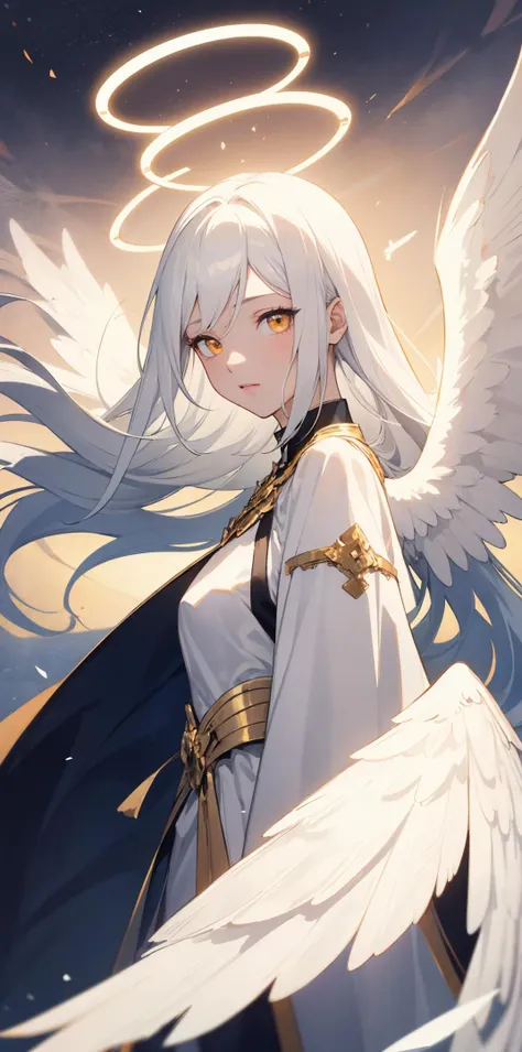 an anime girl with white hair and angel wings