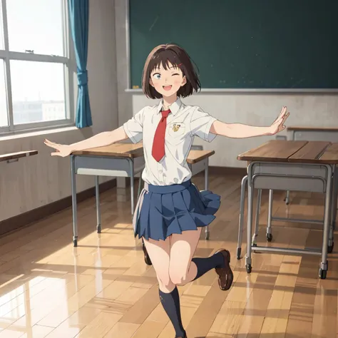 masterpiece,best quality,solo,
<lora:0007Smitsumi:1>,
mitsumi,sanpaku,
school_uniform,
full body,one eye closed,smile,open mouth,dancing,classroom,