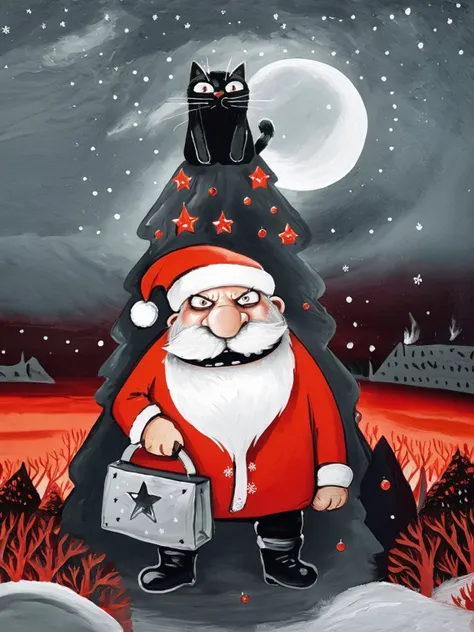 detailed, half body portrait happy  family  happy fat santa red suit hat with (angry woman:1.3) with big  grey (scary cat:1.3) bag with gifts  <lora:LojkinXL:0.84> oil paint, painting   rowan tree <lora:MattSchustyle3:0.81> MattSchu,  stars, snowy (sunset:...