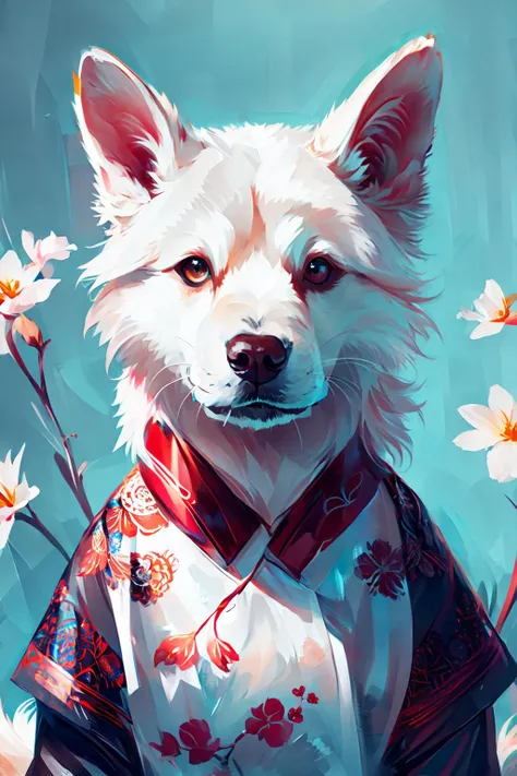 a close up of a dog wearing a kimono outfit with flowers