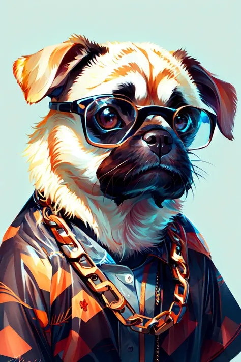 a close up of a dog wearing glasses and a jacket