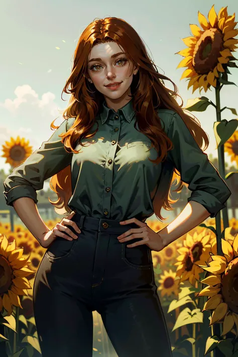 ((ultra detailed, masterpiece, absurdres))
 <lora:Spider2MaryJ:0.9>
Spider2MaryJ, 1girl, long hair, orange hair, surrounded by sunflowers in a bright field, smiling, with hands on hips