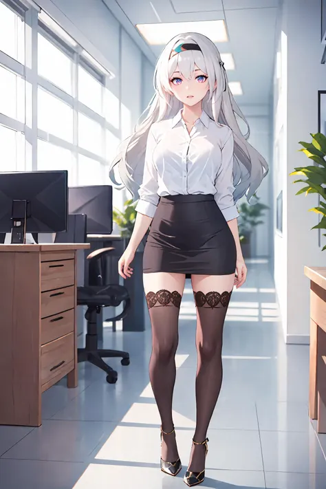 anime girl in short skirt and stockings posing in office