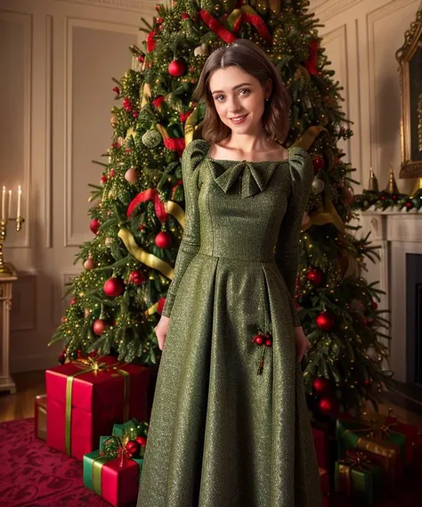 a woman in a green dress standing in front of a christmas tree