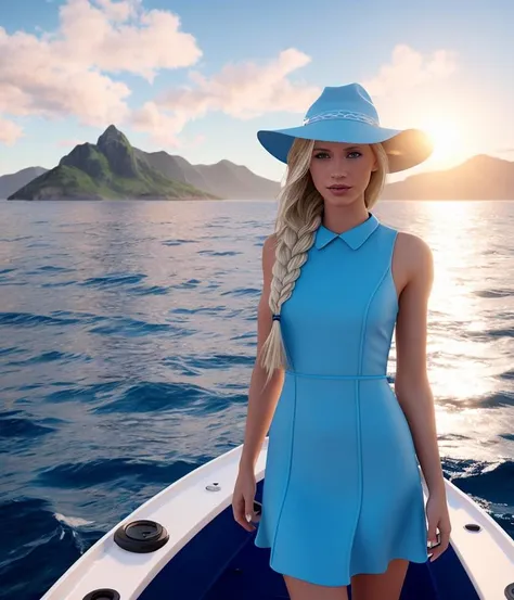 blonde woman in blue dress and hat on boat in open ocean