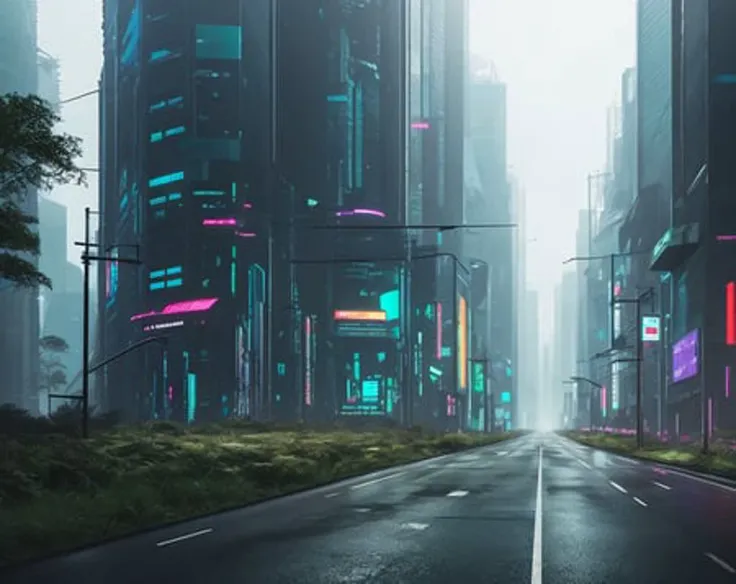 cyberpunk forest road photo, photorealistic,