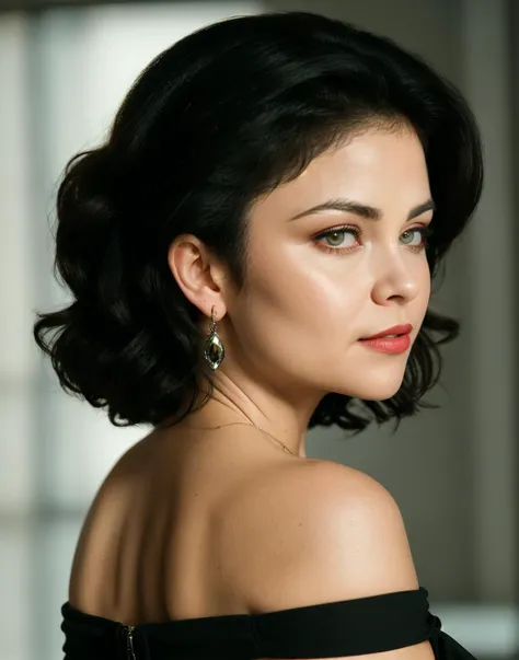 sherilfenn, HDR photo of beautiful young woman, from behind, looking over her shoulder, perfect eyes, highly detailed beautiful expressive eyes, detailed eyes, fair complexion, light makeup, light colored lipstick, gorgeous off the shoulder blouse, standin...