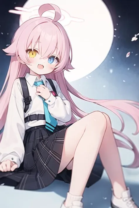 hoshinodef, 1girl, solo, masterpiece, best quality, long hair,pink hair, heterochromia,blue eyes,yellow eyes,flat chest, hair between eyes,fang out,