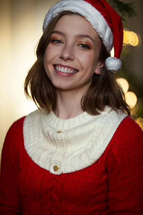 headshot, red ugly sweater, Santa hat, celebrating Christmas, lovely smile, soft colors, bokeh, masterpiece, high quality, (high detailed skin:1.1)
 <lora:katelyn_nacon_lora_v01:1> k8nacon