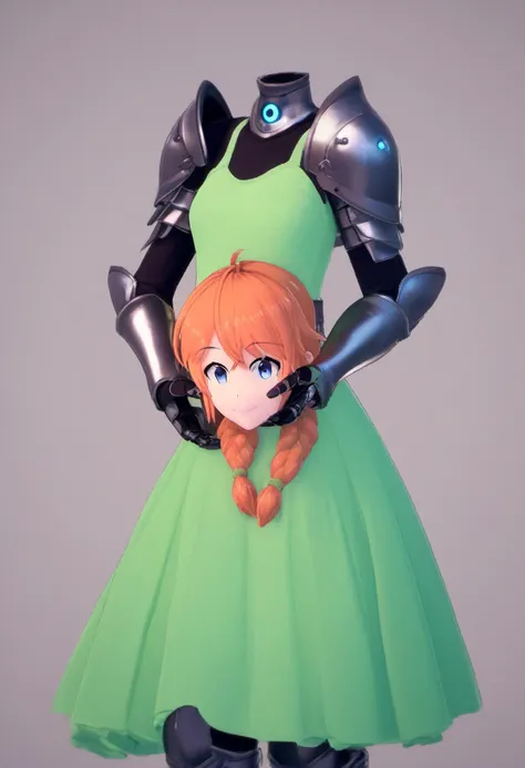 a close up of a woman in a green dress with a robot on her shoulder