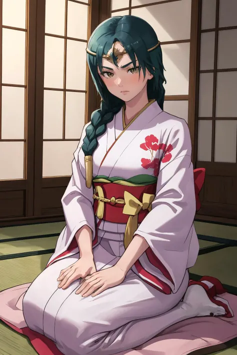 masterpiece, best quality, 1girl, solo, <lora:thorr-fe-richy-v1:1> thorrrnd, kimono, circlet, single braid, japanese clothes, seiza, sitting, hands on lap,