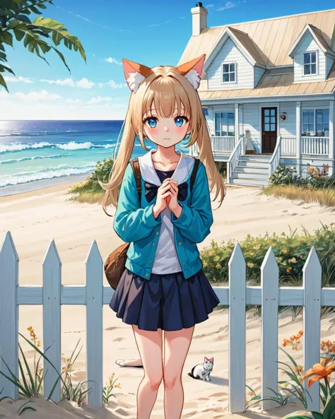 beachside, cozy cottage, sand, seashells, white picket fence, inviting, homey, ocean view,
1girl,looking at viewer, cat ears,