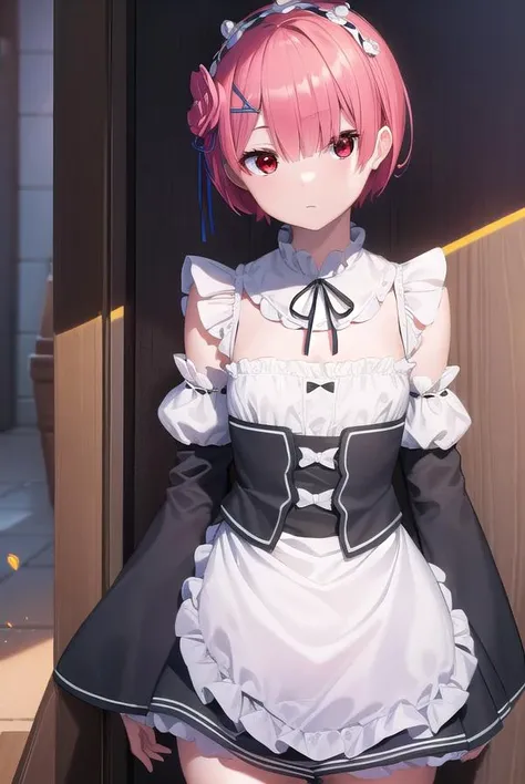 rezeroram, <lora:rezeroram-lora-nochekaiser:1>, 
ram, hair flower, hair ornament, hair over one eye, pink hair, (red eyes:1.5), short hair, x hair ornament, bangs, blunt bangs, (flat chest:1.2),
BREAK apron, black bow, black dress, black ribbon, bow, detac...