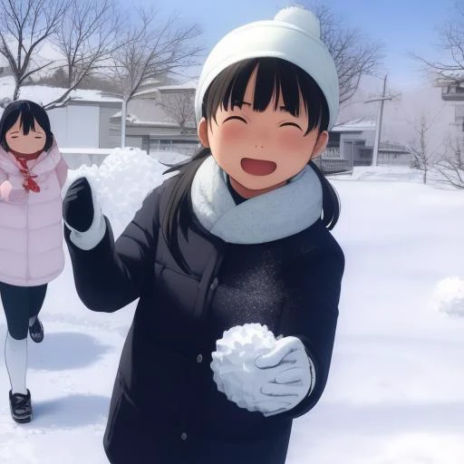 <lora:takamichi-style:1.0>,takamichi style,Girl throwing snowballs