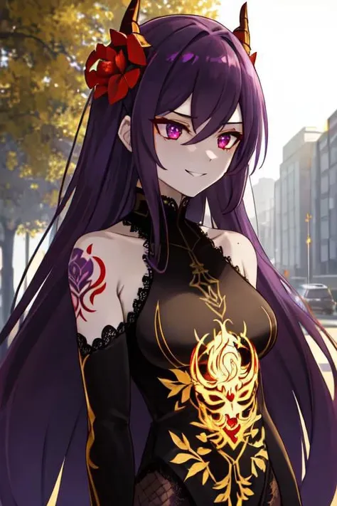 high quality. masterpiece, 8k, street, tree, road, tree canopy, upper body, face focus, 1girl, arrogant, mei, horns, long hair, (purple eyes:1.1), purple Amethyst hair, evil smile, big grin, golden red copper sliver tattoo black leggings, Amethyst laced gl...