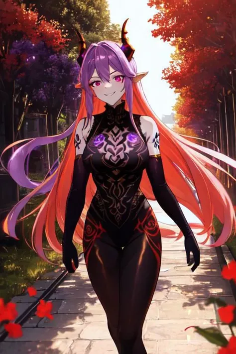 high quality. masterpiece, 8k, street, tree, road, tree canopy, upper body, face focus, 1girl, arrogant, mei, horns, long hair, (purple eyes:1.1), purple Amethyst hair, evil smile, big grin, golden red copper sliver tattoo black leggings, Amethyst laced gl...