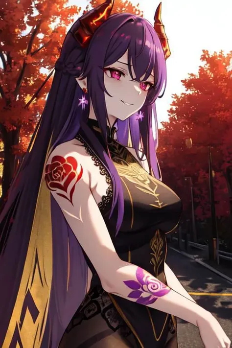 high quality. masterpiece, 8k, street, tree, road, tree canopy, upper body, face focus, 1girl, arrogant, mei, horns, long hair, (purple eyes:1.1), purple Amethyst hair, evil smile, big grin, golden red copper sliver tattoo black leggings, Amethyst laced gl...