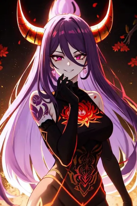 a woman with long purple hair and horns is standing in front of a fire