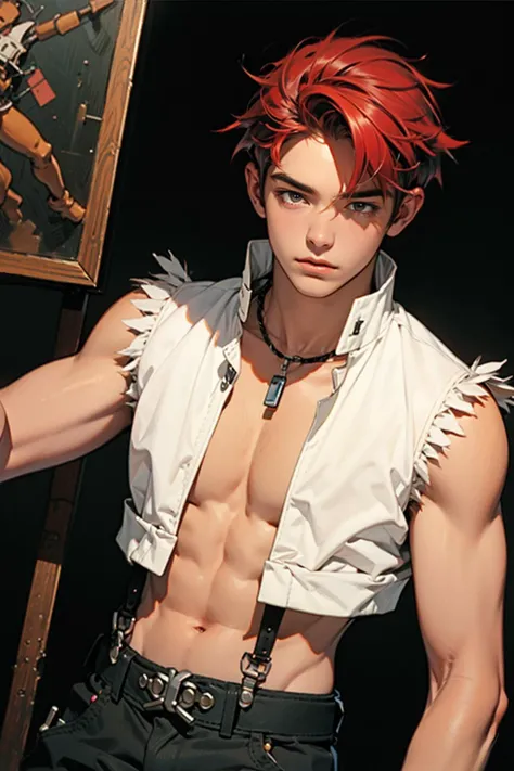 best quality, masterpiece, intricate details, 1man, 1boy, spiked red hair, (illustration), ((oil painting (medium))), dynamic pose, dynamic angle,  <lora:GoodHands-beta2:1> open clothes, fur trimmed shirt, belt, suspenders, sleeveless, whitesmith-ro, <lora...