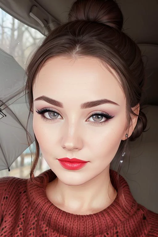 photo of a woman, <lora:sunshine-07:0.6>, sunshine,(serious), ((turltneck sweater):1.2), ((hair up, hair in bun, dark brown hair)), ((outdoors, rain):1.1), ((closeup, portrait)), ((red lipstick, makeup)), ((best quality, masterpiece, extreme details, high ...