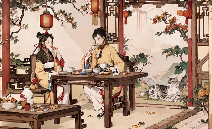 wide shot, 1girl drinking tea, 1cat lying on the table, china, (fruits), (snacks), table, traditional Chinese garden, <lora:xrs2.0:0.8>, masterpiece, high quality, best quality, ultra details,  <lora:meloncat_20230617155552:0.5>