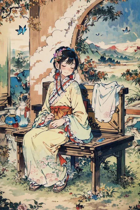 (((masterpiece))),(((best quality))),((ultra-detailed)),(illustration),((an extremely delicate and beautiful)),1girl,solo,sleeping,dreaming,peonies,fragrant,red,petals,butterflies,bees,stone bench,mountain,isolated,tranquil,serene,peaceful,fragrance,dishev...