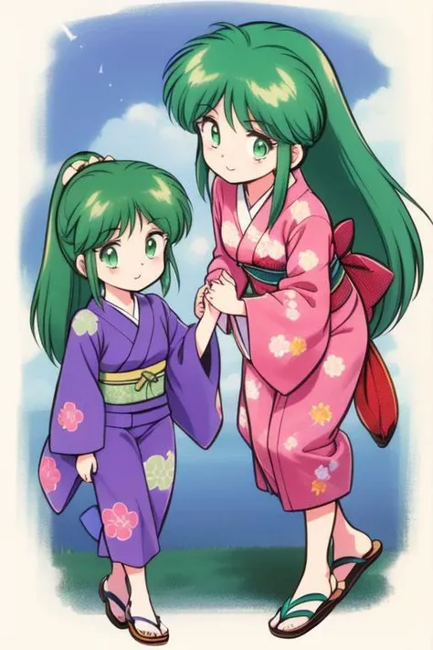 <lora:yae-bonbon:0.8>yae-bonbon, green hair, long hair, green eyes, 
1980s (style), sandals, purple short kimono, full body, retro artstyle,