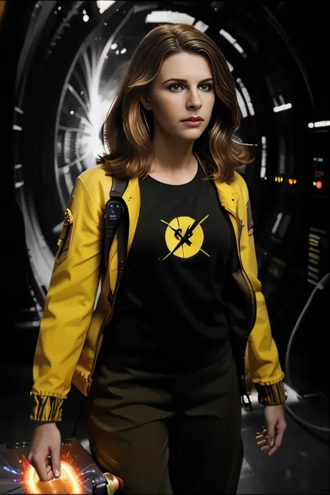 a cinematic movie still of beautiful (T4b1th4:1.1) woman,as a nuclear engineer,wearing (yellow flightsuit:1.2),(wielding a plasma torch:1.3),long hair,(dramatic action pose),working inside a (futuristic nuclear fusion plant:1.4),surrounded by (glowing gaug...