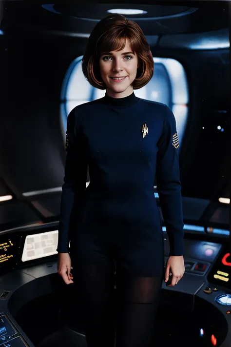 a realistic photograph of beautiful of beautiful (T4b1th4:1.1) woman as space captain,wearing blue (Star Trek NG uniform),standing on the command deck of battle cruiser spacecraft,smiling,hair in futuristic hairstyle,looking out into space at a nearby gala...