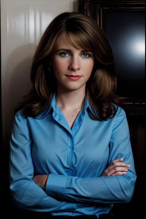 a professional photograph of beautiful 24 year old (T4b1th4:1.1) woman,as the US President,wearing a (dark suit with light blue blouse:1.2),standing in front of the Resolution Desk in the Oval Office in the White House,arms crossed with serious expression,...