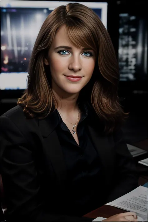 promotional photograph of a beautiful 24 year old (T4b1th4:1.1) woman as cable newscaster,presenting breaking news,sitting at a news desk,with video of an (alien invasion) on screen behind her,1girl,solo,long hair,looking at viewer,smile,hair,blue eyes,par...