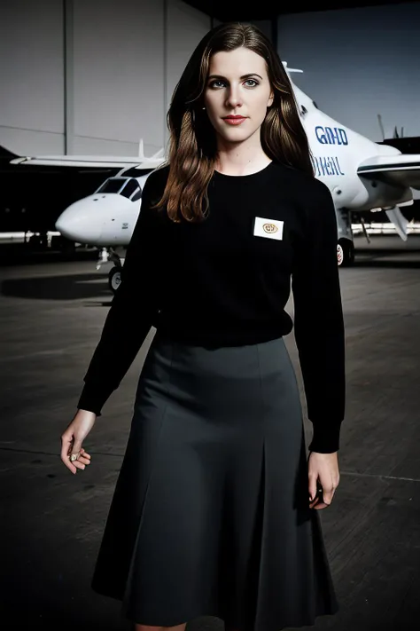 an analog photograph of beautiful (T4b1th4:1.1) woman,as a 1970s airline stewardess,wearing an (olympic blue)(stewardess uniform with long skirt:1.1),standing in an aircraft hanger with (gulfstream G-5 jet aircraft:1.2) in background,long hair,jewelry,dark...