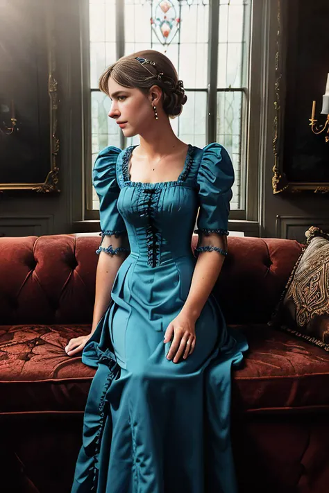 A vintage painting of beautiful (T4b1th4:1.1) woman as a (beautiful young contessa:1.1),wearing an exquisite (blue 1850s Victorian dress with overskirt:1.3),in a (Victorian conservatory room:1.2),sitting on an ornately decorated couch next to a fireplace,w...