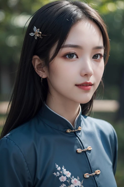 (best quality, masterpiece, 8K, ultra high res, realistic:1.3),(Beautiful and detailed face:1.2),(upper body:1.2),1girl,solo,looking at viewer,big eyes,small breasts,slim body,arms at sides,smile,(Extremely detailed chinese clothes:1.2),hairpin,architectur...