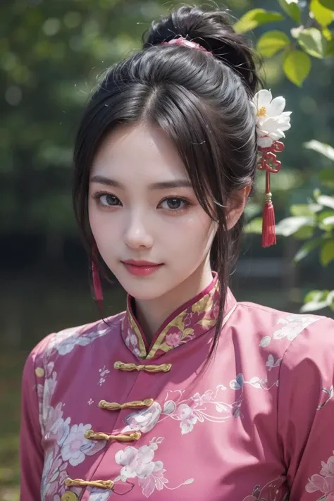 (best quality, masterpiece, 8K, ultra high res, realistic:1.3),(Beautiful and detailed face:1.2),(upper body:1.2),1girl,solo,looking at viewer,big eyes,small breasts,slim body,arms at sides,smile,(Extremely detailed pink chinese clothes:1.2),hairpin,archit...