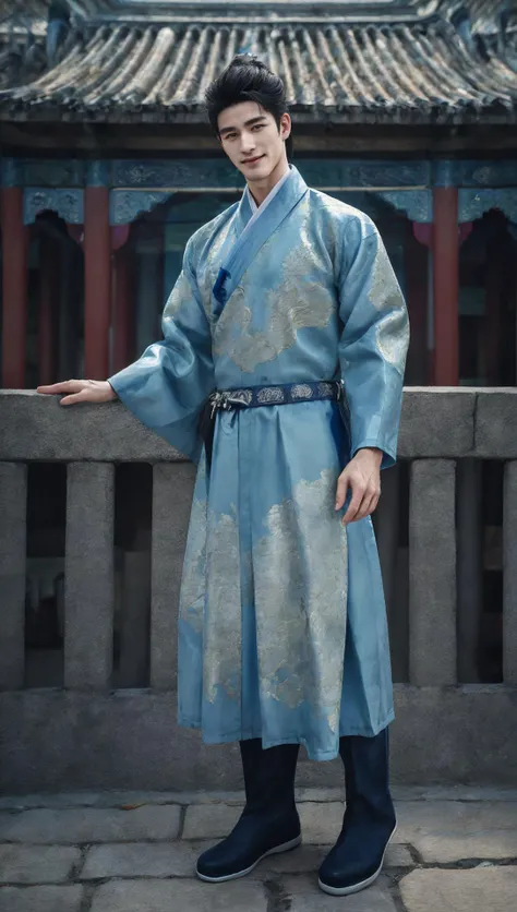 (best quality, masterpiece, 8K, ultra high res, realistic:1.3),(Beautiful and detailed face:1.2),(full body:1.2),1man,solo,looking at viewer,arms at sides,smile,(Extremely detailed blue chinese embroidery silk robe:1.2),architecture,east asian,riverside,fo...