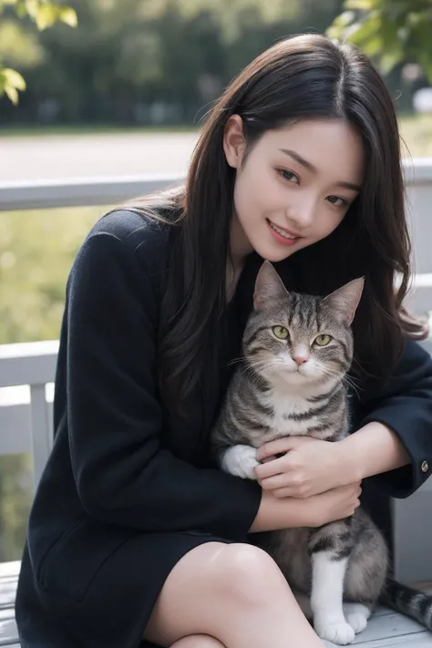 The image features a beautiful young Asian woman with long,dark hair sitting on a balcony with a cat in the background. The woman is looking into the camera with a smile on her face,her eyes sparkling with joy and contentment. Her hair is neatly styled and...