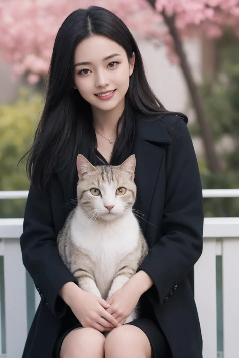 The image features a beautiful young Asian woman with long,dark hair sitting on a balcony with a cat in the background. The woman is looking into the camera with a smile on her face,her eyes sparkling with joy and contentment. Her hair is neatly styled and...