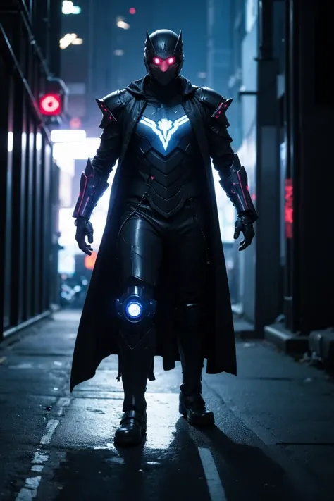 1man,armor,cyberpunk,future,blue glowing armor,full body,Glowing cloak,