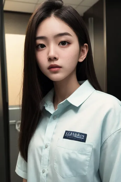 high quality, 20 y.o girl, wearing shirt, cute face, detailed face, skin pores, cinematic shot, dramatic lighting, upper body,