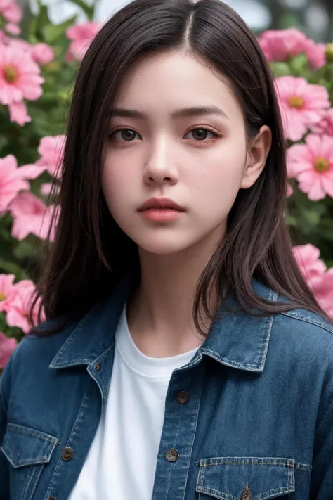 high quality, 20 y.o girl, wearing shirt, cute face, detailed face, skin pores, cinematic shot, dramatic lighting, upper body, floral background, realistic,