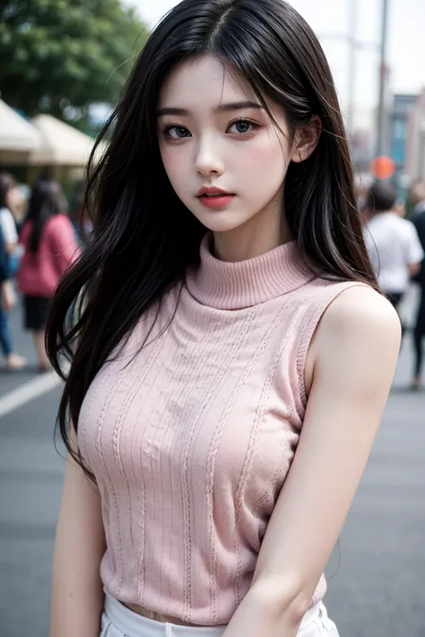 1girl,black long hair,pink sleeveless sweater,(outdoors:1.2),film overlay,film grain,upper body,elegant,on street,soft light,<lora:add_detail:0.3>,<lora:ddmrdtls:0.3>,