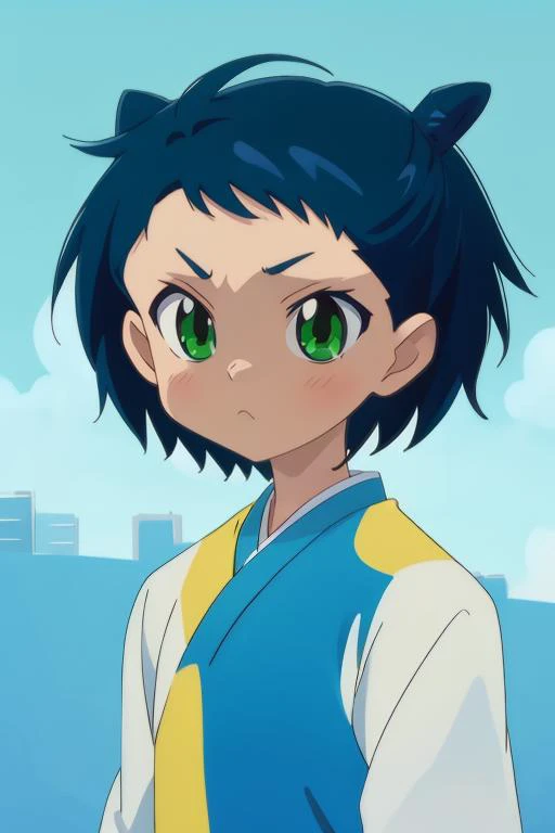 <lora:chu-bra!!:0.7> jinguuji yako, green eyes, blue hair, short hair, upper body, centered, 8k, masterpiece, absurdres, anime,