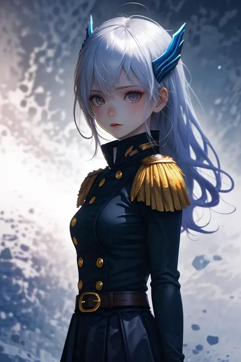 a woman in a uniform with a sword and a blue hair