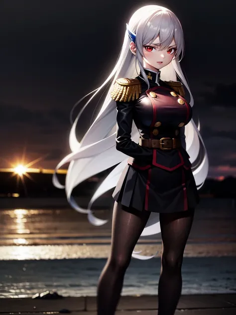 masterpiece, best quality, absurdres, perfect anatomy, 1girl, solo, KyoukaUzen, hair ornament, <lora:KyoukaUzen:0.9>  huge breasts,  at Sunset, destroyed landscapes, darkness, bright colors, dark skies, dim light, devastation, despair, creepiness, military...