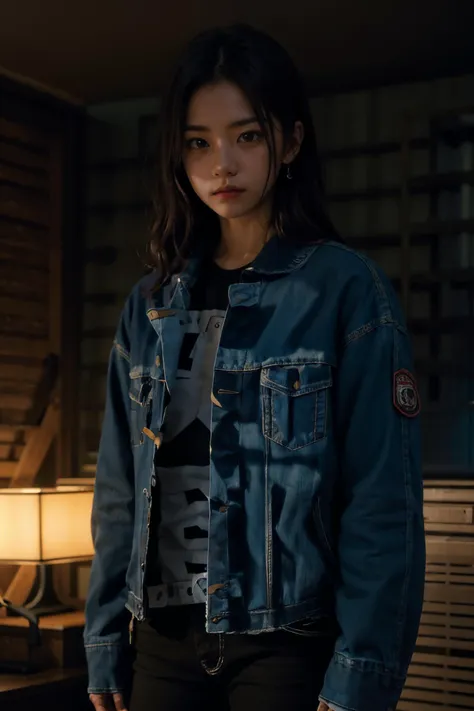 a woman in a denim jacket standing in a room